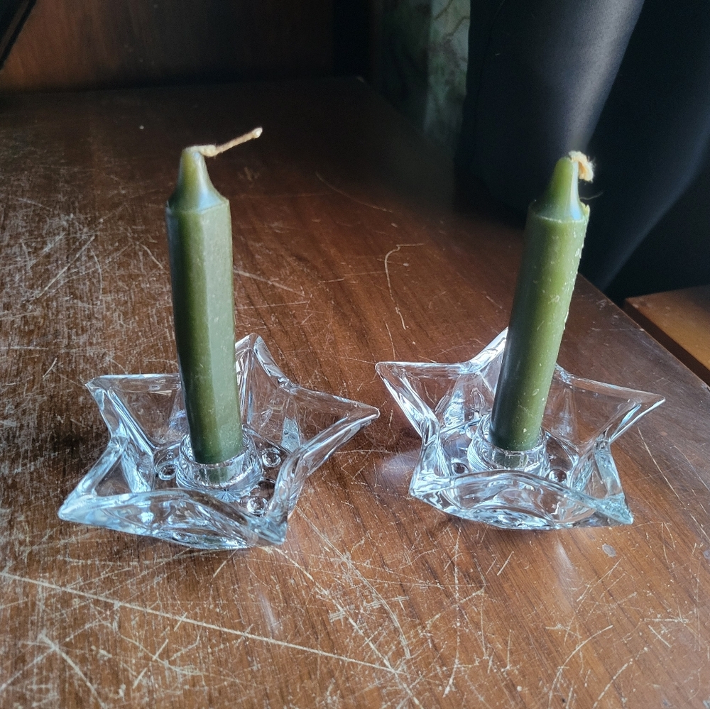 Pair Of Clear Star Candle Holders With Vintage Lenox Candles